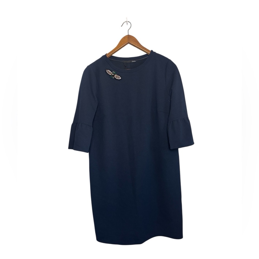 LeComte NWT Elegant Navy Blue Dress with Embellished Jeweled Details